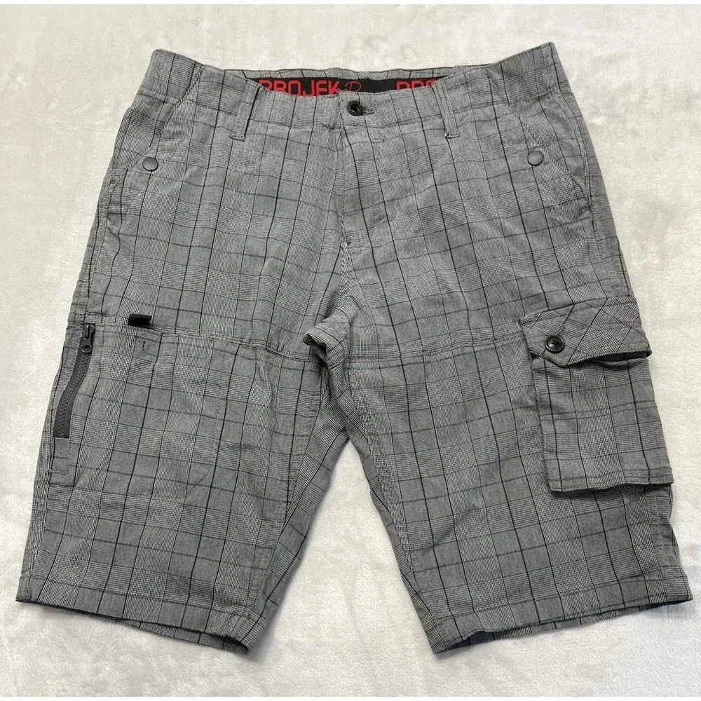 Projek Raw Act I Flex Cargo Short Men 33 Gray Plaid Stretch 12'' inseam Outdoor